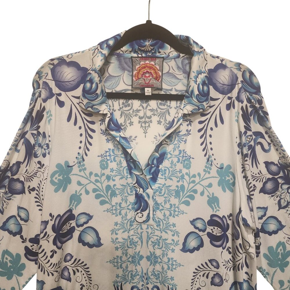 Johnny Was Women White & Blue Tunic Top Bamboo Print Farrow Polo Swing Dress  XL - Picture 5 of 7